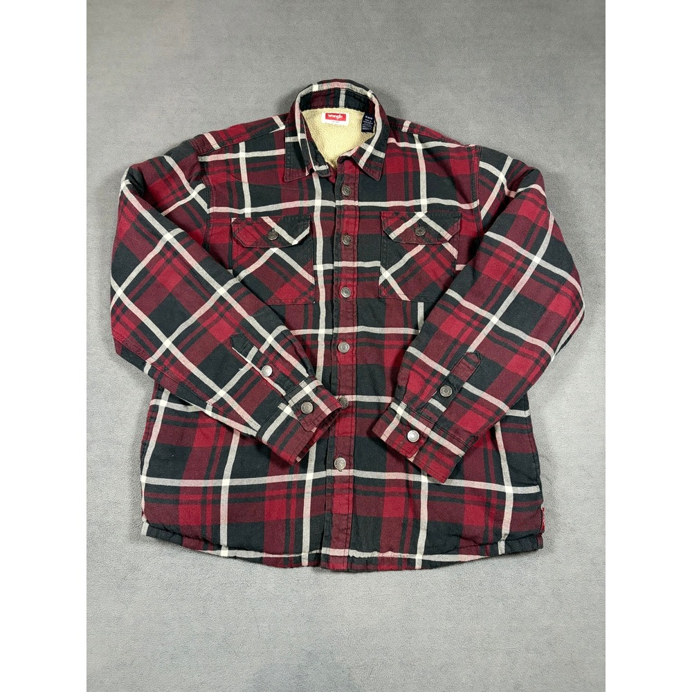 Wrangler Shirt Jacket Mens Medium Red Plaid Sherpa Lined Flannel Heavyweight